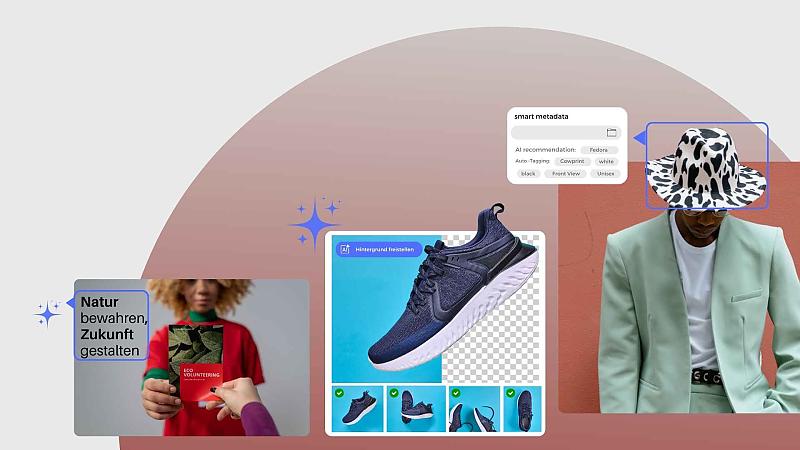 KI-gestützte Bildbearbeitung zeigt Sportschuh-Freistellung, Hut-Metadaten und Kartentext mit Umweltbotschaft.