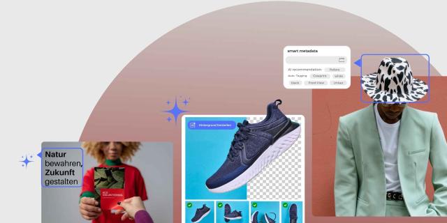 KI-gestützte Bildbearbeitung zeigt Sportschuh-Freistellung, Hut-Metadaten und Kartentext mit Umweltbotschaft.