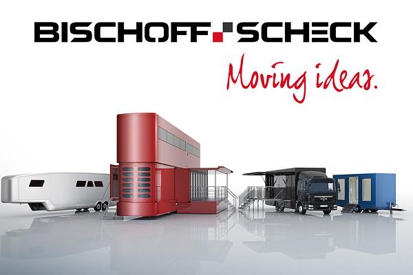 Bischoff + Scheck zeigt rote Doppeldecker, weiße Trailer, schwarze LKWs und blaue Container.