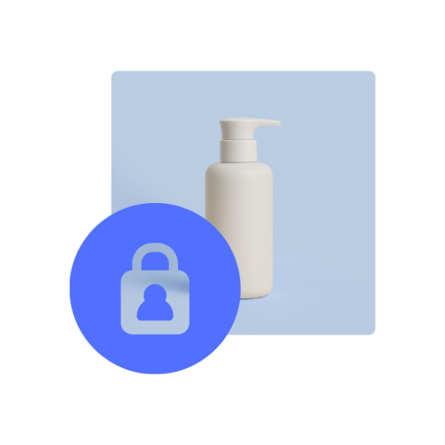 Eine beige Pumpflasche steht vor hellblauem Hintergrund, teilweise verdeckt von einem blauen Schloss-Symbol mit Person.