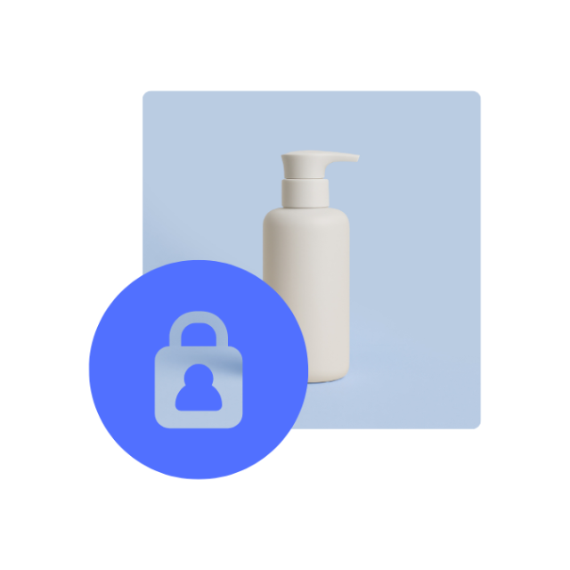 Beigefarbene Spenderflasche vor blauem Quadrat, überlagert von einem blauen Datenschutz-Symbol.