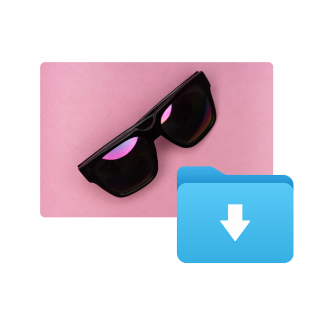Schwarze Sonnenbrille mit bunten Gläsern auf rosa Hintergrund, überlagert von einem blauen Download-Ordner.