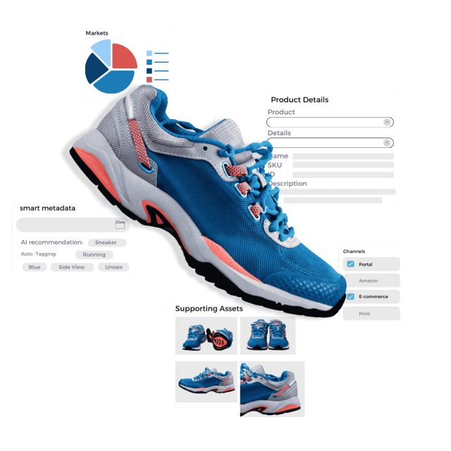 Blauer Sportschuh mit grauen Akzenten, umgeben von digitalen Fenstern mit Produktdaten und Metadaten.