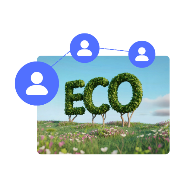 Pflanzen-Schriftzug ECO auf Blumenwiese mit blauen Personen-Icons unter blauem Himmel.