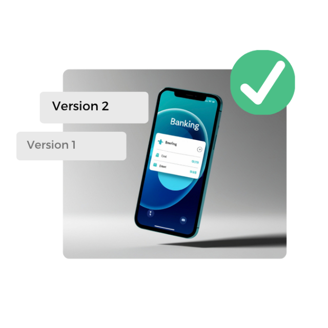 Ein Smartphone mit Banking-App, daneben "Version 1", "Version 2" und ein grüner Haken.