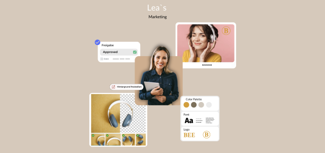 Lächelnde Frau mit Tablet, umgeben von Marketing-Designelementen, Bildbearbeitung und Genehmigungskarten.
