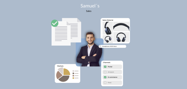 Infografik zeigt lächelnden Samuel mit Verkaufsdokumenten, Kopfhörern, Marktanteilen und Vertriebskanälen.
