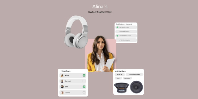 Alina, eine Produktmanagerin, präsentiert Kopfhörer, Lautsprecher sowie Produktdetails und -prozesse.