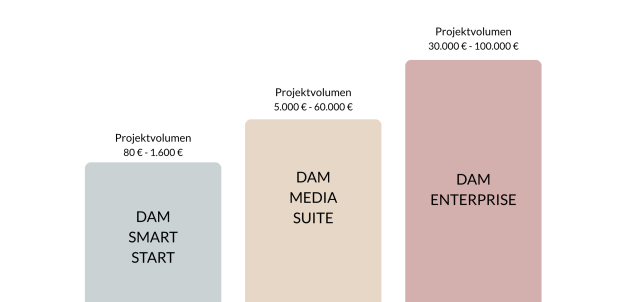 Projektvolumen und Kosten von DAM Smart Start, MediaSuite und Enterprise im Vergleich