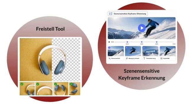 Kopfhörer werden freigestellt, während ein Videoeditor szenensensitive Keyframes eines Snowboarders erkennt.