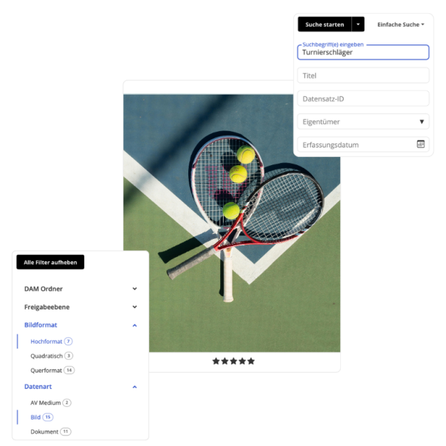 Tennisschläger und Bälle auf einem Platz, umgeben von Suchfeldern und Filteroptionen.