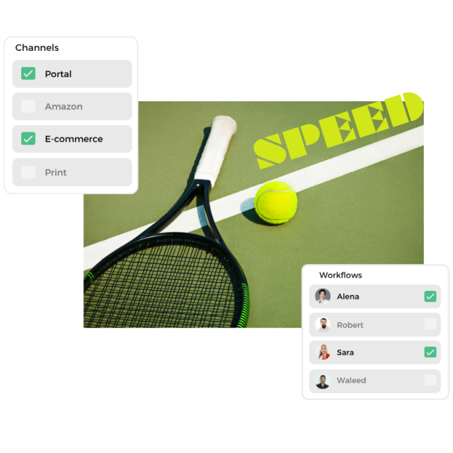 Grüner Tennisplatz mit Schläger, Ball, "SPEED"-Schriftzug und digitalen "Channels"-/"Workflows"-Karten.