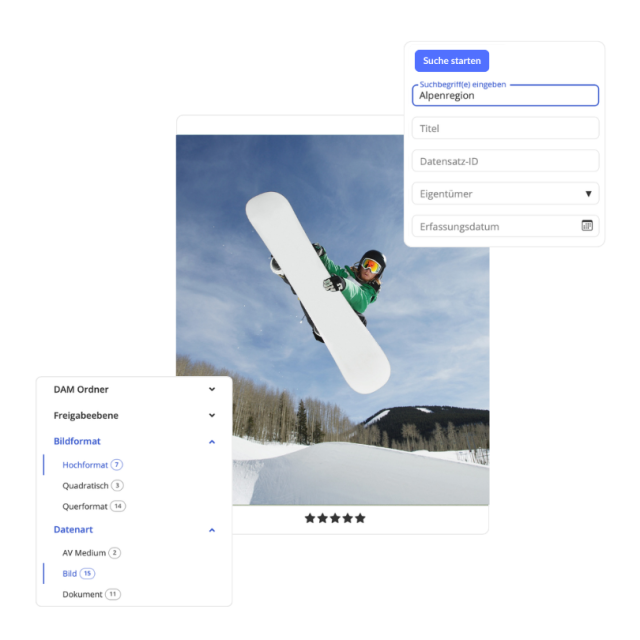 Digitales Asset-Management-System zeigt einen springenden Snowboarder mit Such- und Filteroptionen.