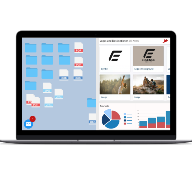 Laptopbildschirm zeigt Dateisymbole und ein Dashboard mit Logos, Bildern und Diagrammen.