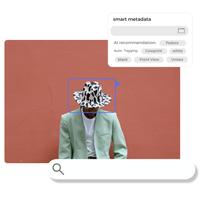 Eine Person mit schwarz-weißem Kuhfell-Hut und grünem Blazer vor roter Wand, mit KI-Metadaten.